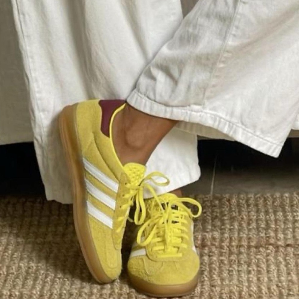 adidas Women's Yellow Suede Sneakers with White Stripes and Maroon Heel